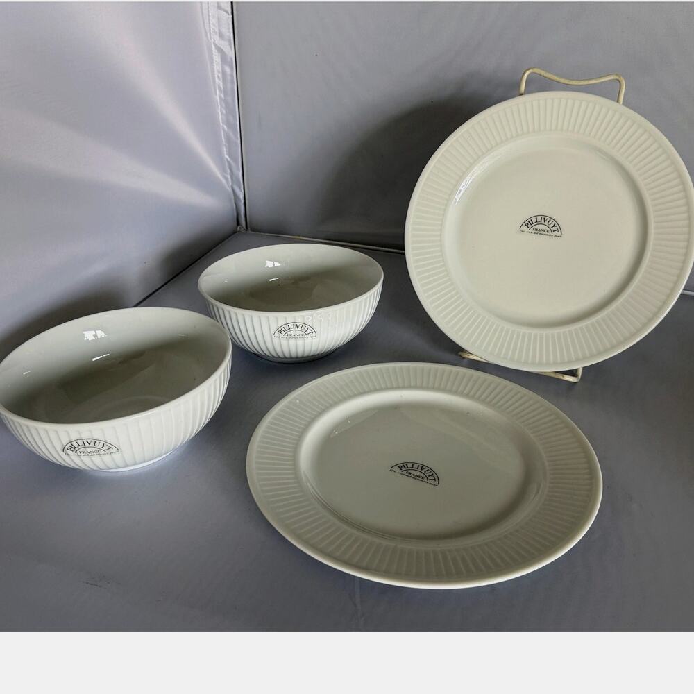 Pillivuyt France Plisse 4 Piece set of 2 Salad Bowls and 2 Salad Plates NEW
